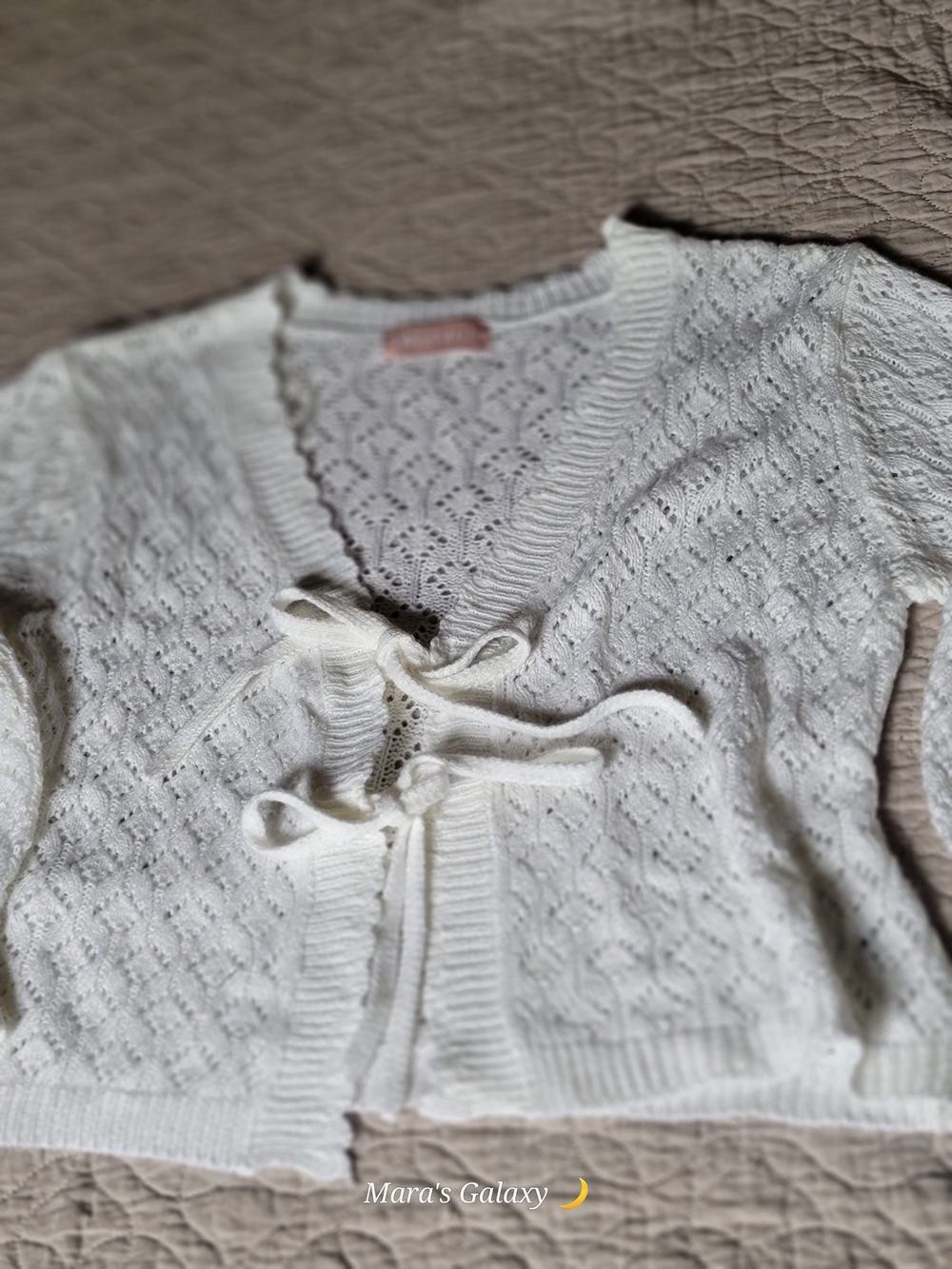 Sweet Kizz White Pointelle Open-Knit Tie-Front Cardigan - Size L